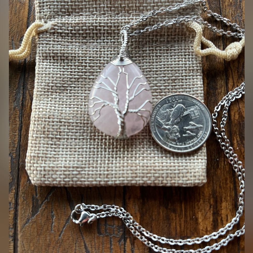 Brand New Wire-Wrapped Rose Quartz Drop Pendant with Stainless steel Chain - Picture 2 of 3